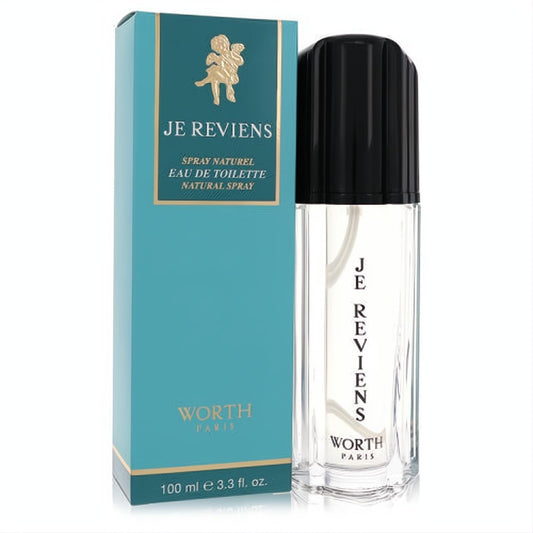 Elegant Je Reviens by Worth 3.3 oz Eau De Toilette spray with clear glass bottle and luxurious teal & gold box.