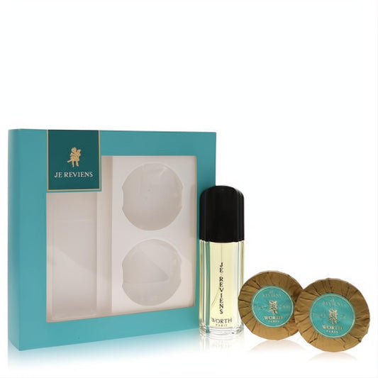 Luxurious Je Reviens by Worth women's gift set: 1.7 oz EDT spray, two 2.6 oz gold-wrapped soaps in a teal box.