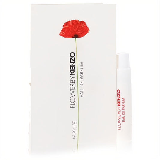 Discover Flower by Kenzo EDP! Elegant white 0.03 oz sample vial with red text, presented with a matching poppy graphic card.