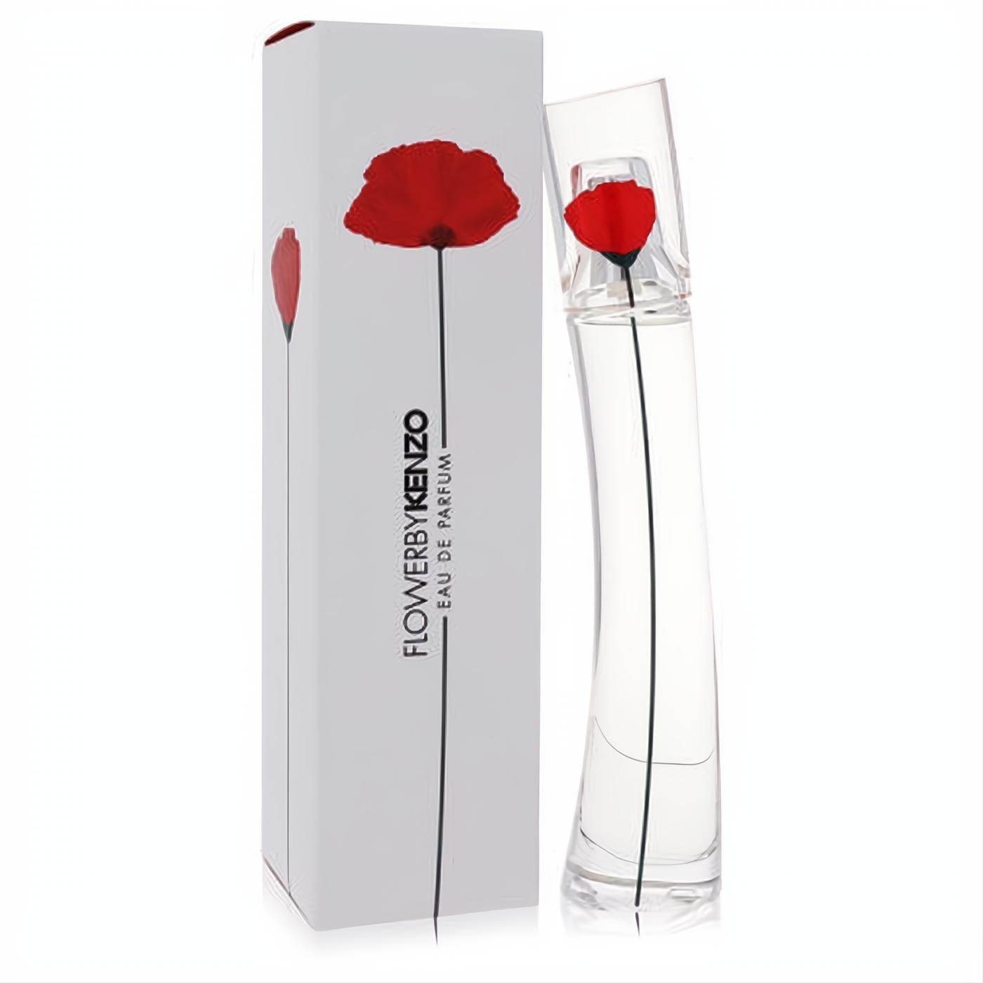 Kenzo Flower by Kenzo 1 oz EDP. Slender clear glass bottle with a vibrant red poppy, displayed next to its elegant white box.