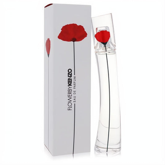 Kenzo Flower by Kenzo 1 oz EDP. Slender clear glass bottle with a vibrant red poppy, displayed next to its elegant white box.