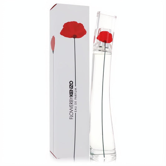 Kenzo Flower 1.7 oz Eau De Parfum. Iconic clear glass bottle with a vibrant red poppy stem, presented with its elegant white box.