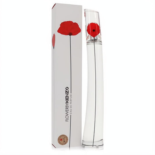 Discover Kenzo Flower by Kenzo 3.4 oz refillable Eau De Parfum. Slender white bottle with a vibrant red poppy, beside its matching box.