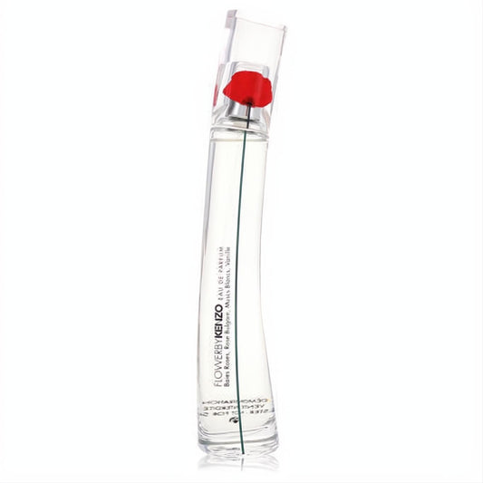 FLOWERBYKENZO 1.7 oz Eau De Parfum. Elegant clear, curved glass bottle with a vibrant red poppy design.
