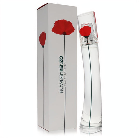 Stunning Kenzo Flower 1 oz Eau De Toilette. Clear glass bottle with vibrant red poppy, beside its elegant white floral box.