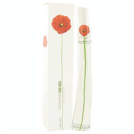 Kenzo Flower by Kenzo 3.4 oz EDT. Sleek clear glass bottle with a vibrant red poppy and green stem, next to its elegant white box.