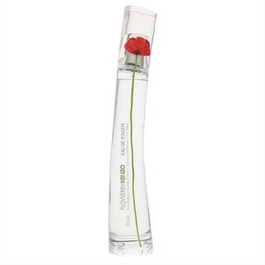 Kenzo Flower 1.7 oz EDT tester. Iconic clear glass bottle with a vibrant red poppy and elegant green stem.