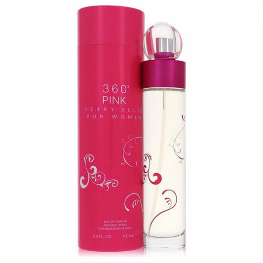 Perry Ellis 360 Pink 3.4 oz Eau de Parfum spray: clear bottle with pink cap, next to its vibrant pink box with elegant white swirls.