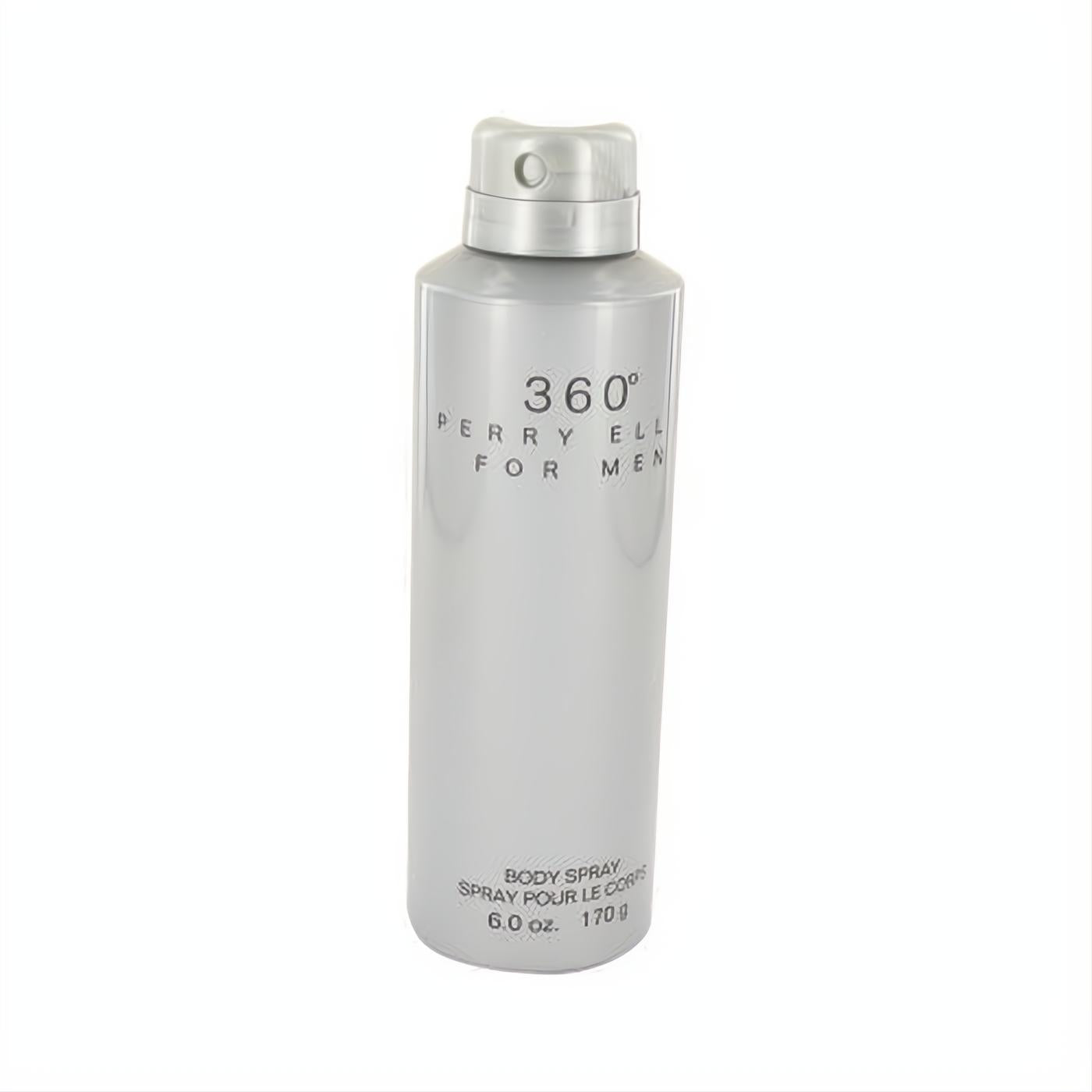 Perry Ellis 360 for Men 6.0 oz body spray. Sleek silver metallic aerosol can with a modern design for a refreshing scent.