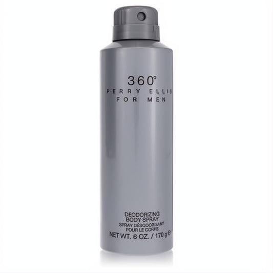 Perry Ellis 360 For Men 6 oz deodorizing body spray. Sleek gray metal can with matching cap for a refreshing scent.