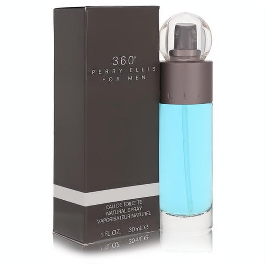 Elevate your style with Perry Ellis 360 for Men 1 oz EDT. Sleek clear bottle, vibrant blue liquid, elegant dark grey box.