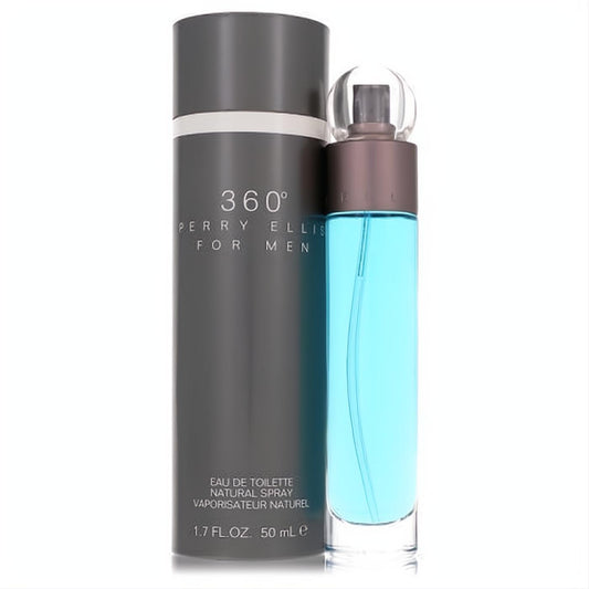 Perry Ellis 360 for Men 1.7 oz EDT. Refreshing blue fragrance in a sleek clear bottle with a modern dark grey cylindrical box.