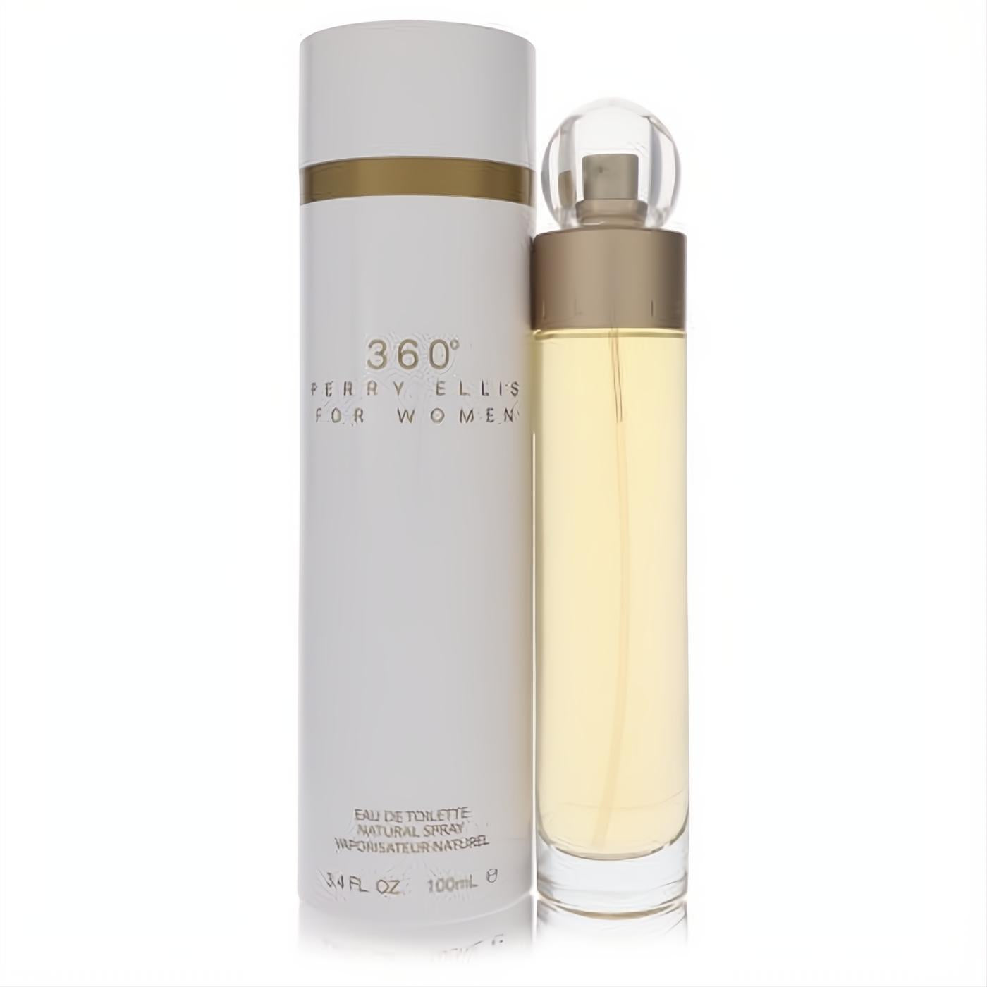 Perry Ellis 360 for Women 3.4 oz EDT. Elegant clear glass bottle with a spherical cap, presented in a chic white and gold box.